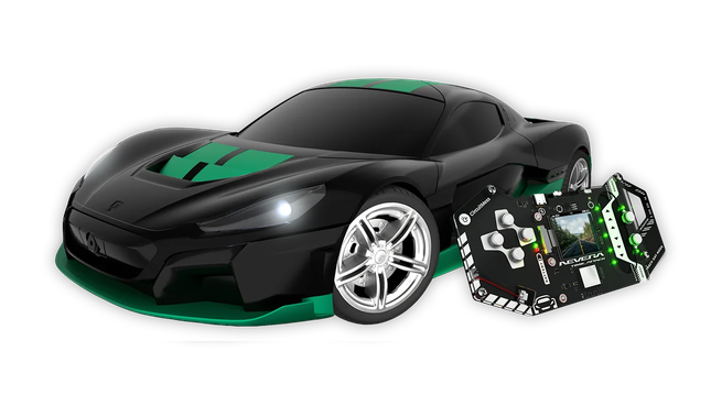 The CircuitMess Rimac Nevera kit: a black and green scale model of the car with one headlight lit, beside its exposed-board Time Attack controller.