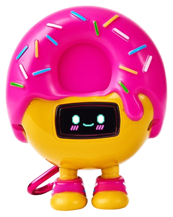 Beep Boop Mochi, a small pink doughnut-shaped robot toy with a smiling digital face.