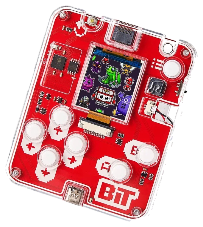 Bit 2.0, a red buildable 8-bit retro game console with white buttons and a small colour screen.
