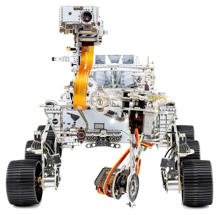 A detailed buildable model of NASA's Perseverance Mars rover, with six wheels, robotic arm and camera mast.
